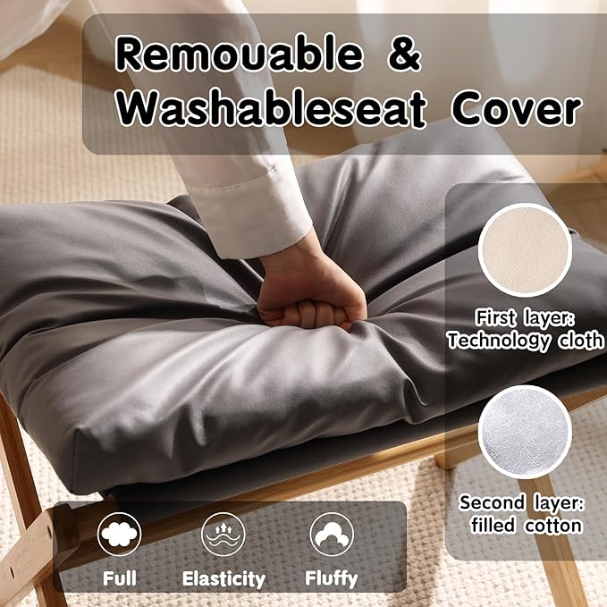 Folding Upholstered Footrest Stool, Small Accent Ottoman with Thick Cotton Cushion & Bamboo X Legs, Modern Padded Sofa Stool for Makeup Bedroom Living Room, Grey