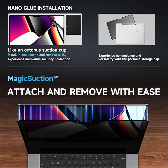 Mamol Privacy Screen for MacBook Air 13.6 Inch (2022-2025, M2,M3,M4) - A2681, A3113, MagicSuction™ Removable Vacuum Adsorption Anti Spy,Anti Glare Anti Blue Light Filter for Mac Laptop Computer