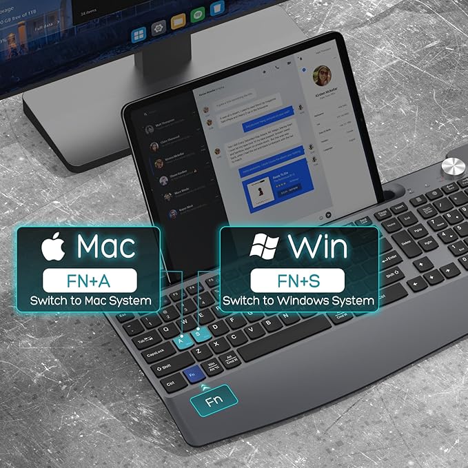 Ergonomic Wireless Keyboard and Mouse with Wrist Rest，Phone Holder - 2.4GHz Full-Sized Low-Profile Quiet Wireless Mouse and Keyboard Combo for Computer, Laptop, PC, Mac-Grey