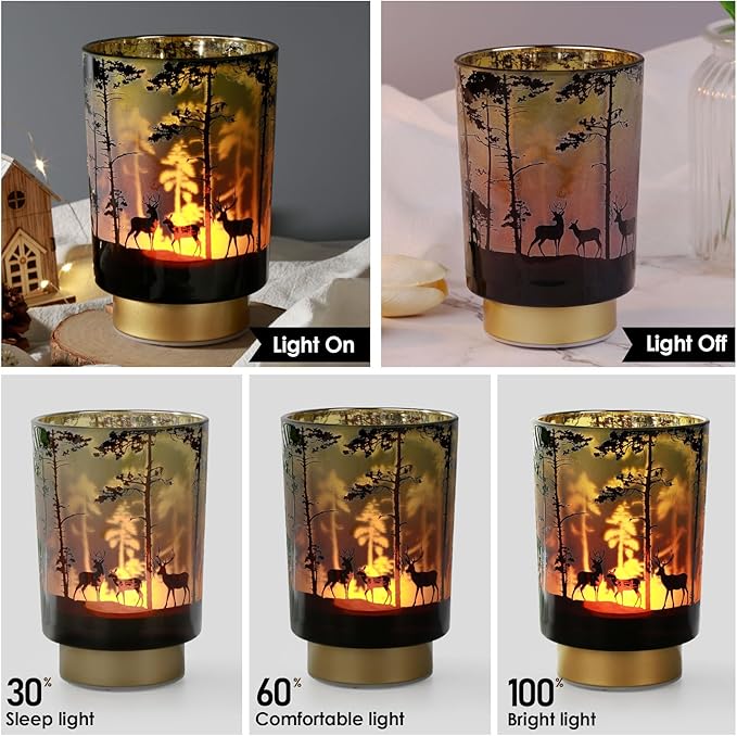 Eywamage Small Battery Operated Table Lamp with Remote, Forest Deer Cordless Glass Lamp for Bedroom Living Room Kitchen Entryway