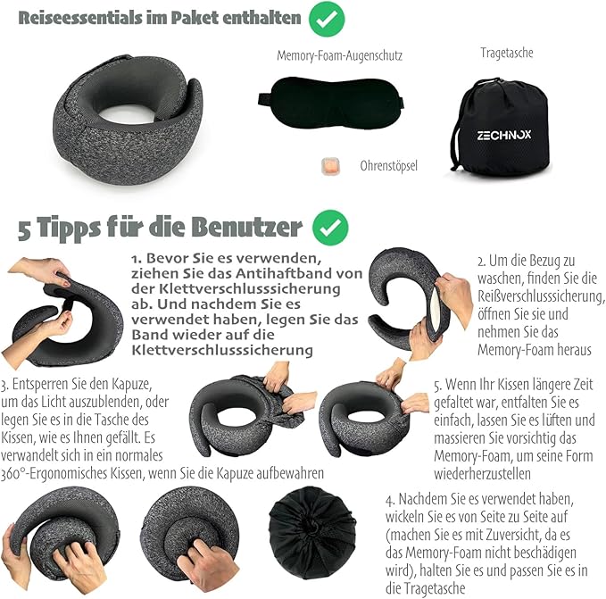 Ergonomic Travel Neck Pillow with Stowable Hood,Neck Pillow Airplane,Premium Memory Foam,360º Contoured Design,Washable Cover,Complete Travel Set,Ideal for Airplane,Car and Office (Black)