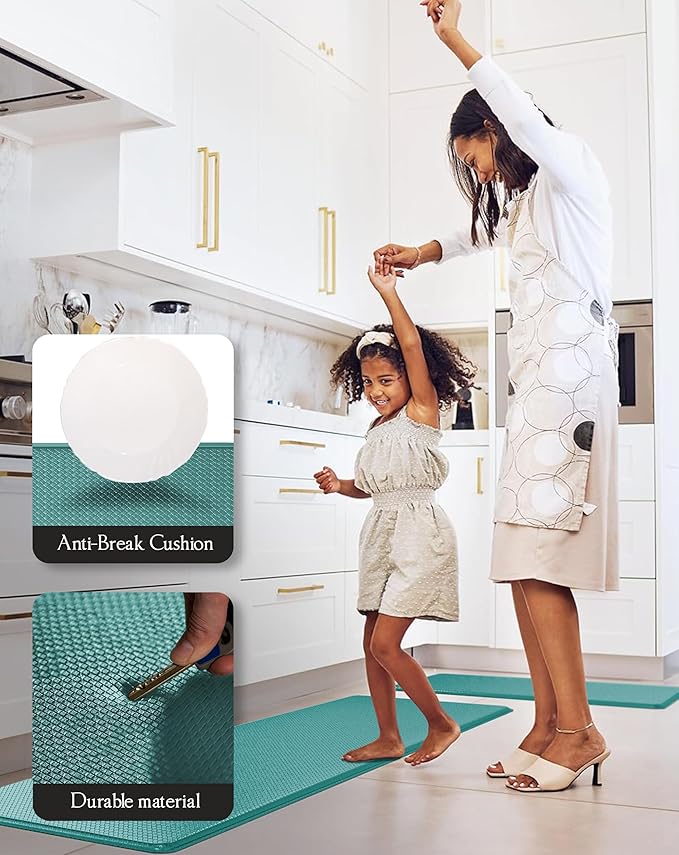 Anti-Fatigue Kitchen Mat Set – 2-Piece Memory Foam Cushioned Mats for Standing – Turquoise, 18×30 & 18×60, 0.4 in Thick, Waterproof, Non-Slip – Homergy