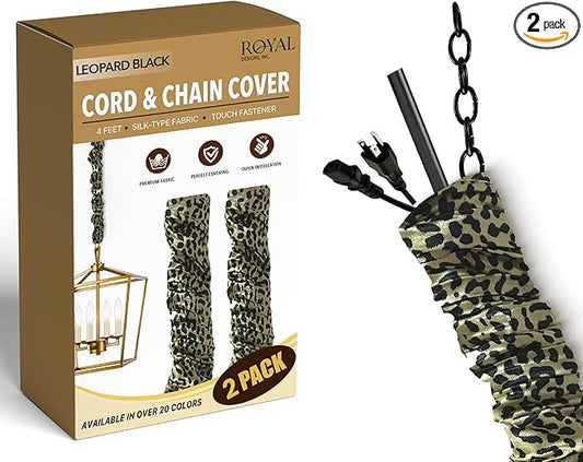 Royal Designs, Inc. Cord & Chain Cover 4 ft Silk Type Fabric, Chandelier Pendant Lighting Chain & Cable Management, Touch Fastener, Leopard Black - 2 Pack