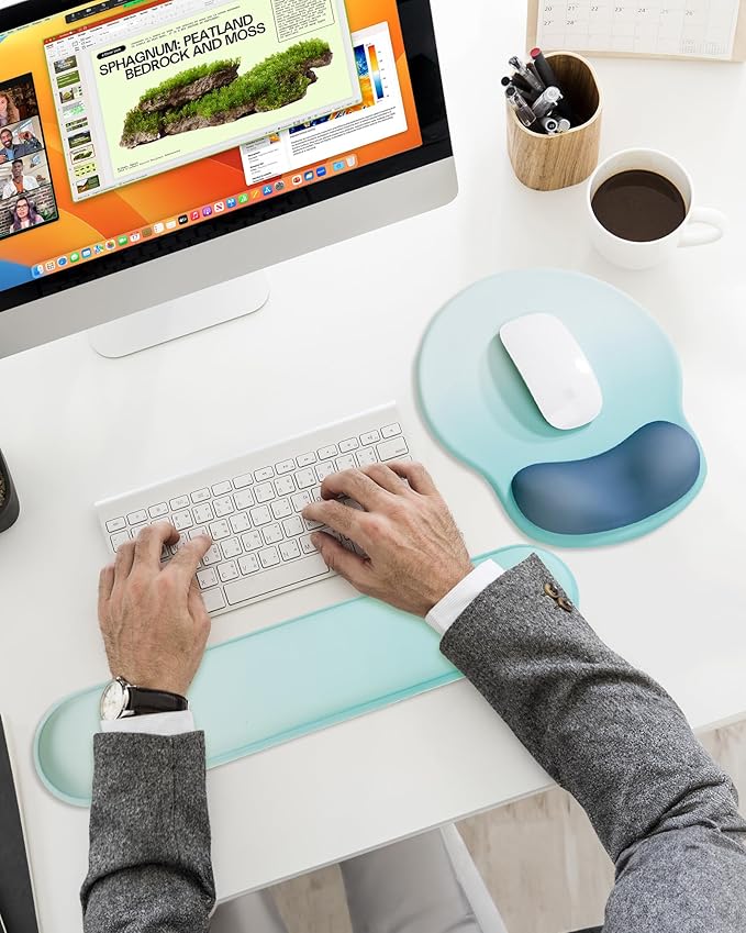 Ergonomic Mouse Pad Wrist Support Set, Memory Foam Keyboard Wrist Rest Set, Keyboard Pad, Non-Slip Base Mousepad(Gradient White Blue Set)