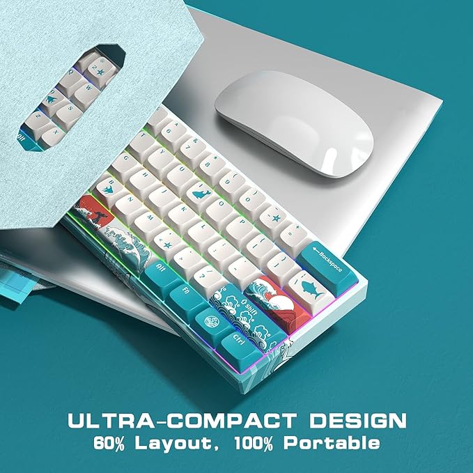 HITIME 60 Percent Keyboard, XVX M61 Pro 3-Modes Wireless Mechanical Keyboard, Hot-Swappable Custom Gaming Key Board, RGB Backlit, for Windows Mac PC Gamers(Coral Sea Theme, Pre-lubed Linear Switch)