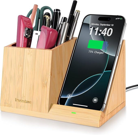3-in-1 Bamboo Wireless Charger with Desk Organizer, Bamboo Pen Holder for Desk, 15W Fast Wireless Charger with Pen Holder for Home Office Supplies, Compatible with iPhone and Samsung
