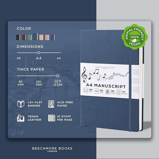 BEECHMORE BOOKS Blank Sheet Music Notebook – A4 8.5x11.5 for Songwriters, Musicians & Composers, 156 Thick 120gsm Pages, 10-Staff Perforated Sheets, Vegan Leather Hardcover, Elastic Closure, Gift Box