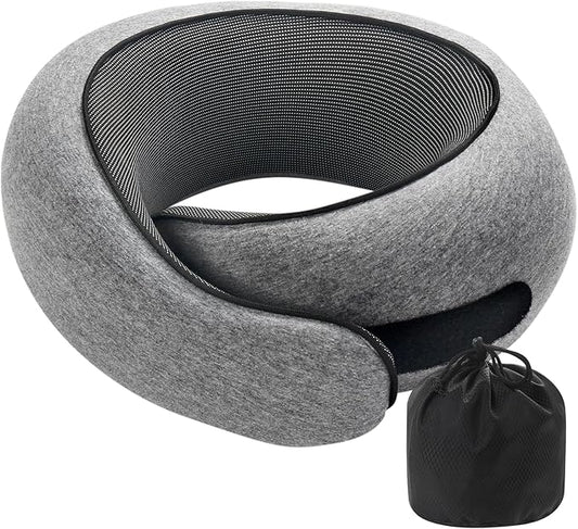 Badink® Memory Foam Neck Travel Pillow, Neck Pillow Airplane with MagicStrap – Adjustable Ergonomic Travel Pillow for Office/Airplane/Car, Washable Cover, Portable Cervical Support (Gray)