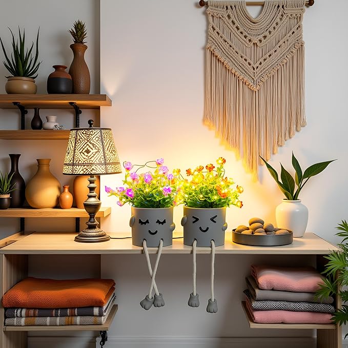 Cute Fake Plants, Flower Pots with String Lights, Fake Plants Artificial For Desk Décor, Office Decor for Women, Shelf Decor for Gift, Bathroom Small Plants Decoration, Mini Plants Window Sill Decor