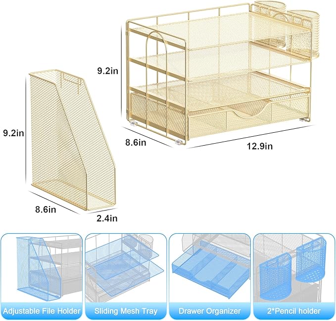 gianotter Desk Organizers and Accessories with File Holder, 4-Tier Desk Accessories & Workspace Organizers with Drawer and 2 Pen Holder, Paper Organizer for Office Supplies(Gold)