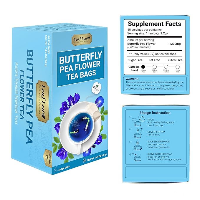 LeafLea 40 Butterfly Pea Flower Tea Bags, Herbal Flower Tea for Relaxation, Mocktails, and Natural Food Coloring, Caffeine-Free, Sugar-Free, Non-GMO