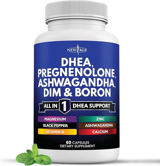 NEW AGE DHEA Supplement - Pregnenolone for Men & Women with DIM, Ashwagandha, Boron, Calcium, Magnesium, Zinc, Vitamin D3 5000iu - Support Capsules - 60 Count