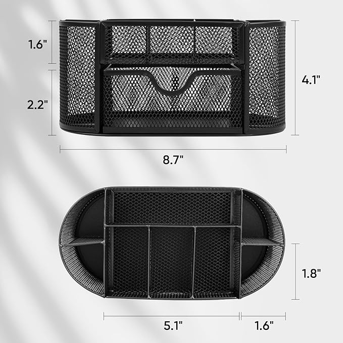deli Mesh Desk Organizer Office Desktop Organizer with Drawer, Metal Stationary Organizer Desk Caddy Pen Holder, 8 Compartments, Black