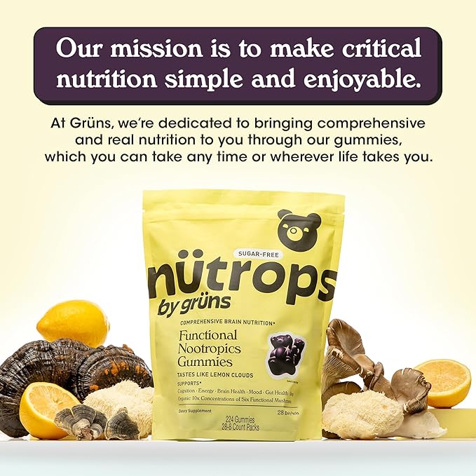 Nutrops Sugar-Free Lions Mane Mushroom Gummies for Adults, Functional Nootropics, Herbal Brain Supplement for Energy, Brain Health, Cognitive, Memory & Focus, Reishi, Chaga, Cordyceps - 28 Day Supply