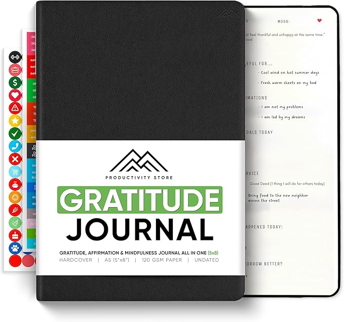 PRODUCTIVITY STORE Gratitude & Self-Care Journal - Guided Mindfulness & Mental Health Journal All-in-One with Prompts for Self Discovery - Daily Journal for Men & Women (A5, Black)