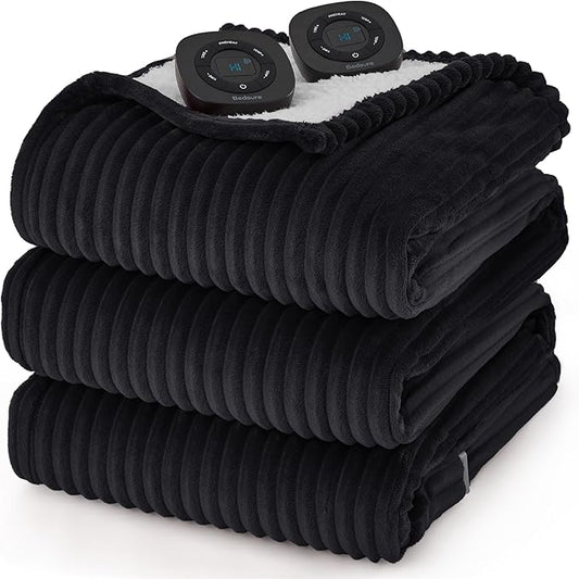 Bedsure GentleSoft Electric Blanket Queen Size - Soft Ribbed Flannel Heated Blanket with Dual Control, Heating with 10 Heat Settings & 10 Time Settings, 8 hrs Timer Auto Shut Off (84x90 inches, Black)