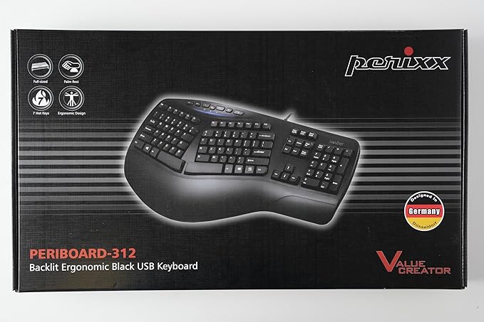 Perixx PERIBOARD-312 Ergonomic Backlit Keyboard - Wired USB with 2 Hubs - Natural Ergonomic Split Design - White LED - Black