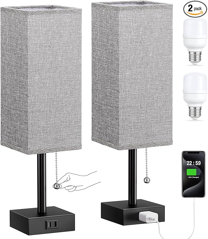 Grey Bedside Lamps for Bedroom Set of 2 - Small Nightstand Lamp with AC Outlet Charging Port, 3 Color Temperatures Rectangular Desk Light with Bulb, Tabletop Reading Lamp for Living Room/Dorm/Office
