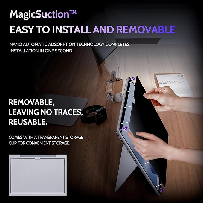 Privacy Screen for 12.3 Inch Surface Pro 7+/7/6/5/4/3, MagicSuction™ Removable Anti Spy Black Protector, Glare Blue Light Filter for Microsoft Laptop Computer Monitor