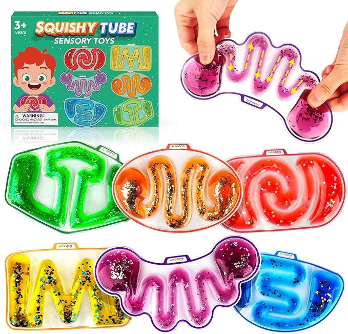 Sensory Fidget Toys for Kids Toddlers - Squishy Sensory Products for Autistic Autism Children Special Needs, Fidgets for Classroom Stress Anxiety Calm Down, Squeeze Sensory Tube Filled Goo, Glitter