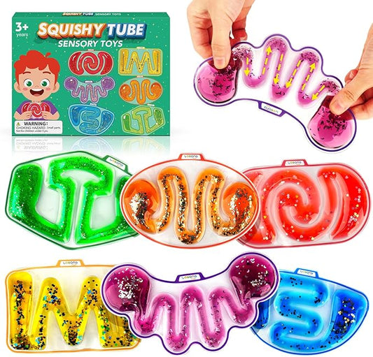 Sensory Fidget Toys for Kids Toddlers - Squishy Sensory Products for Autistic Autism Children Special Needs, Fidgets for Classroom Stress Anxiety Calm Down, Squeeze Sensory Tube Filled Goo, Glitter