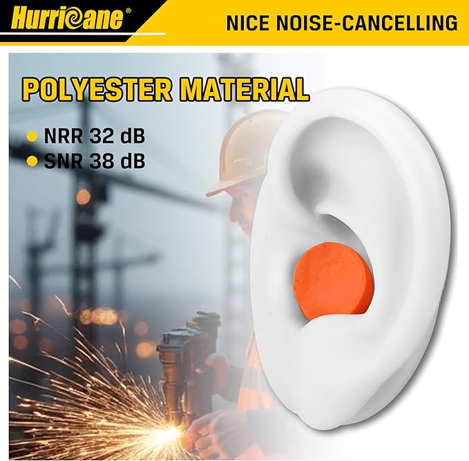 HURRICANE 100 Pairs Ear Plugs, Certified 32dB NRR Slow Release Comfortable PU Foam Earplugs for Noise Reduction, Work Snoring and Construction Loud Noise
