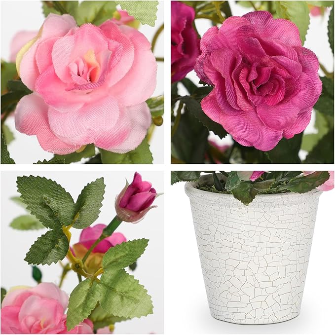 Hollyone Artificial Plants & Flowers in Vase Red Camellia Roses Small Faux Flower Plant Arrangement with Pot Fake Rose Flowers Home Decor Office Bathroom Shelf Desk Table Decoration