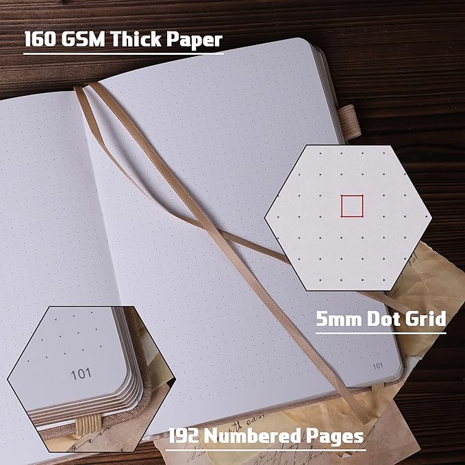 TIEFOSSI Bullet Dotted Journal Notebook, 160gsm 256 Numbered Thick Paper, A5 Hardcover Dotted Grid Diary for Women Men Work Writing, Bullet Dot Journaling, Drawing, 5.8 x 8.3 in