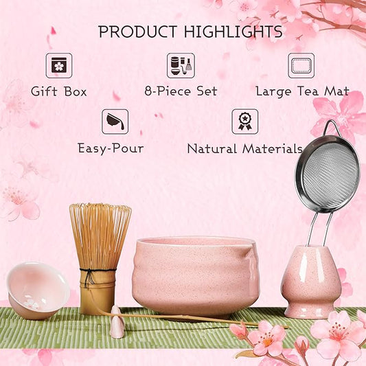 Matcha Whisk Set, 8-Piece Pink Matcha Set with Ceramic Bowl, Bamboo Whisk, Sifter, Large Mat and More – Complete Matcha Kit with Gift Box for Matcha Lovers