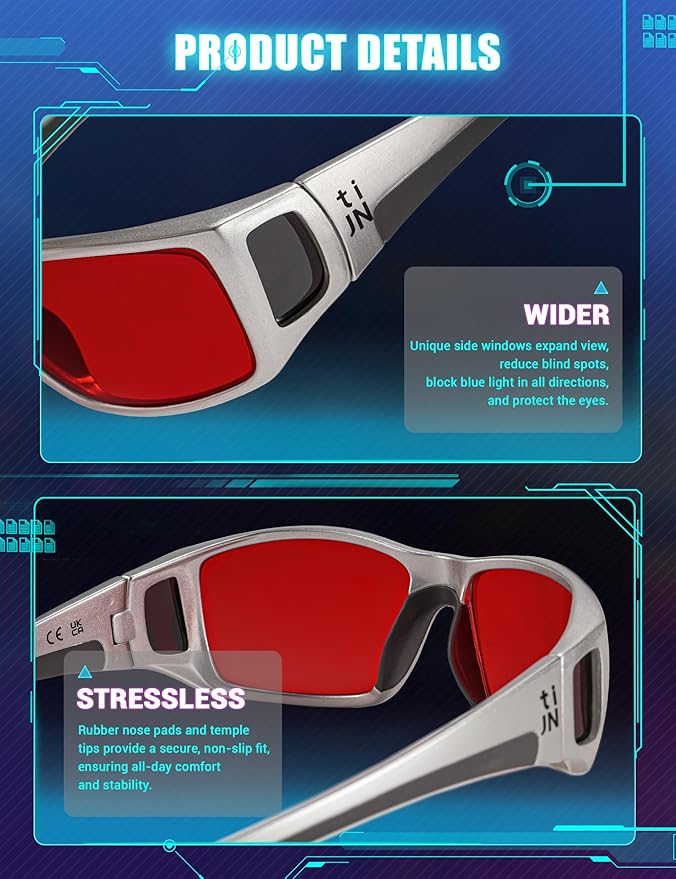 TIJN Sonia Sleep Glasses for Blue & Green Light Blocking,Red Lens with Dual AR Coating,Wraparound Frame for Gaming Screen