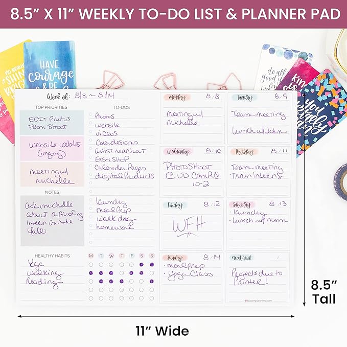 bloom daily planners Horizontal Weekly To Do List Notepad with 60 Undated Sheets - Weekly Desk Planner or Chore Pad with Priorities & Habit Tracker - 8.5” x 11” - Pastel
