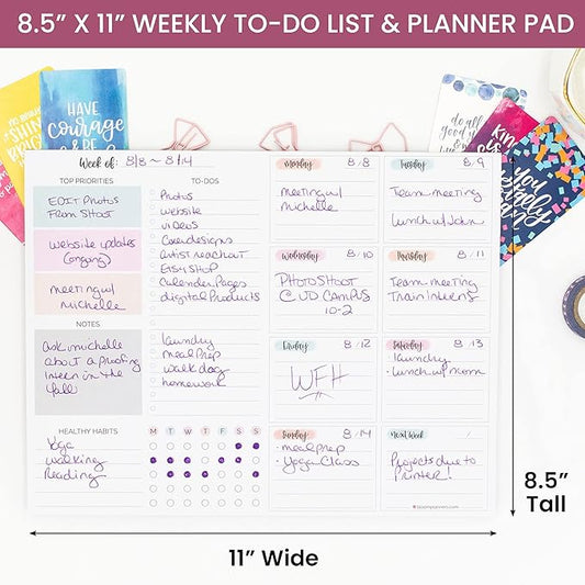 bloom daily planners Horizontal Weekly To Do List Notepad with 60 Undated Sheets - Weekly Desk Planner or Chore Pad with Priorities & Habit Tracker - 8.5” x 11” - Pastel