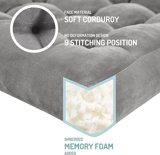 Meditation Floor Pillow Set of 2, Square Large Pillows Seating for Adults, Tufted Corduroy Cushion for Tatami Living Room, Grey, 22x22 Inch