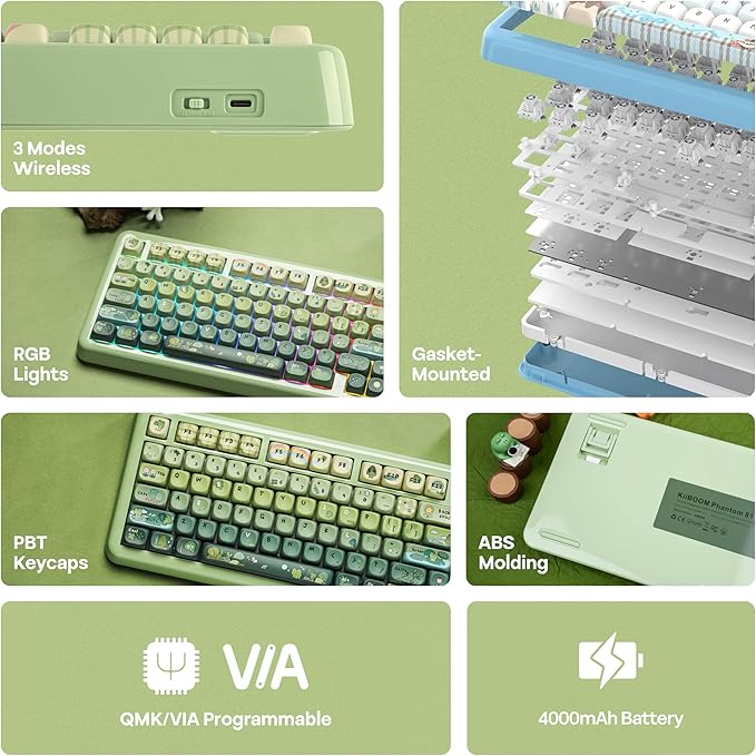 KiiBoom Phantom81 Lite 75% Gasket Mechanical Keyboard, QMK&VIA Programmable, 3 Modes Wireless Gaming Keyboard, RGB Backlights, ABS Case + UV Tech, Hot-Swappable for Windows/Mac/Linux (Green)