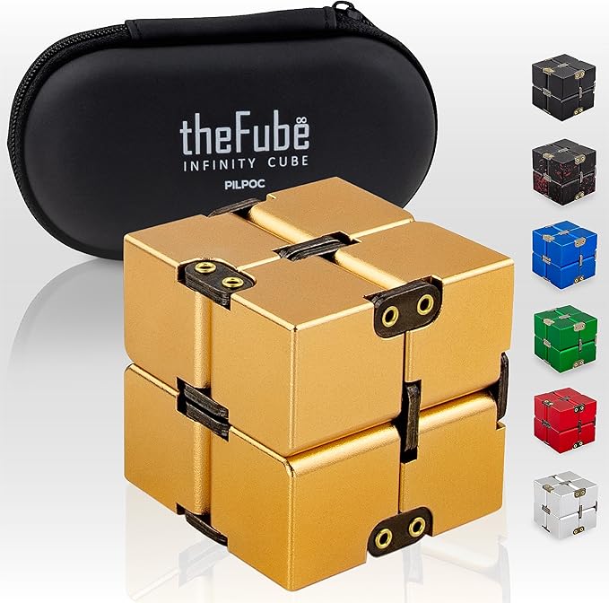 PILPOC theFube Infinity Cube Fidget Desk Toy - Aluminum Infinite Magic Cube with Case, Sturdy, Heavy, Relieve Stress and Anxiety, for ADD, ADHD, OCD (Gold)