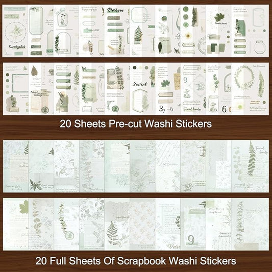 Dizdkizd Botanical Washi Stickers for Journaling, Ephemera Sticker Book for Junk Journal with 180pcs Plant Washi Stickers and 20 Adhesive Scrapbook Sticker Sheets, Vintage Scrapbooking Supplies