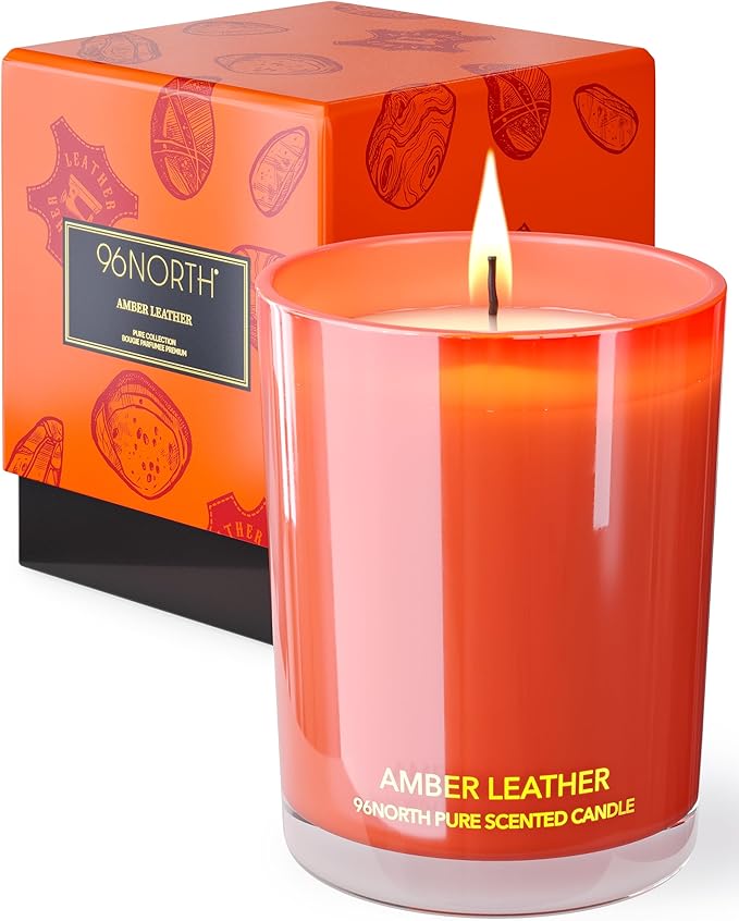 96NORTH | Pure Amber Leather Candle | 100% Natural Soy Wax | One Wick Jar Candle | Natural Fragrance Technology | Non Toxic | Up to 35 Hours Burning Time | Aromatherapy Gift for Men and Women