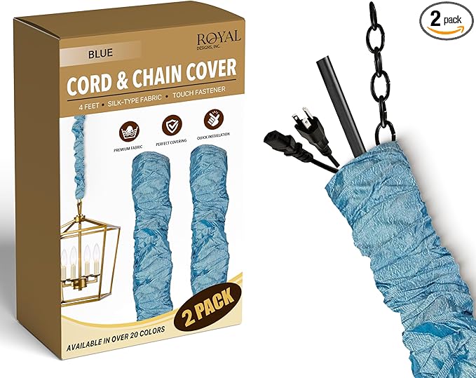 Royal Designs, Inc. Cord & Chain Cover 4 ft Silk Type Fabric, Chandelier Pendant Lighting Chain & Cable Management, Touch Fastener, Blue - 2 Pack