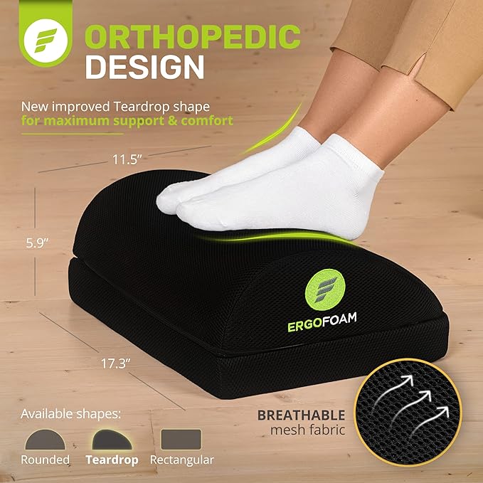 ErgoFoam Adjustable Foot Rest for Added Height - Mesh Orthopedic Teardrop Design - Large Premium Under Desk Foot Rest - Most Comfortable for Lumbar, Back, Knee Pain (Black)