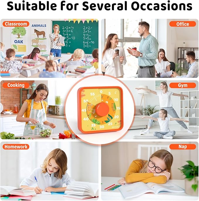 Secura 7.5-Inch Animal Pattern Visual Timer for Kids, 60-Minute Countdown Timer for Classroom or Kitchen, Durable Mechanical Timer Clock with Magnetic Backing (Orange)