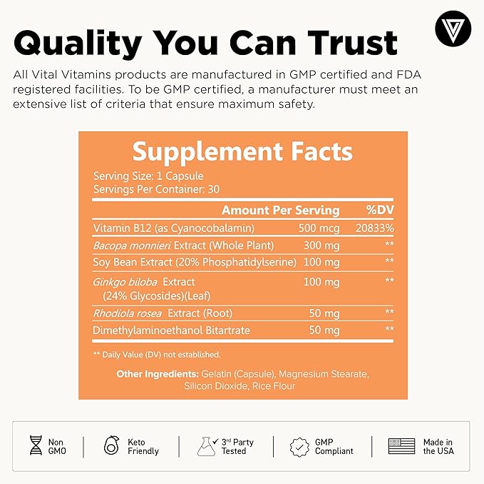 Vital Vitamins Brain Supplements for Memory and Focus (3 Pack) – Nootropic Brain Booster with Ginkgo Biloba, Rhodiola, B12 – Caffeine-Free Support for Adults & Seniors – 90-Day Supply