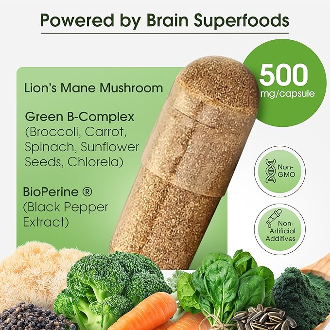 Cognitive Rescue, Lion's Mane Mushroom Capsules w/ Lion's Mane Dual Extract, Nootropics, Brain Supplement for Memory and Focus, Mushroom Immune Support w/ B Vitamins Complex, BioPerine, 60 capsules