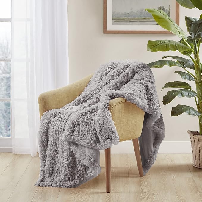 Serta Mila Shaggy Heated Throw Blanket - Soft Faux Fur Heated Blanket, Fast Heating, Auto Shut Off Timer, Low EMF, 5 Heat Setting, ETL Certified, Machine Washable Electric Blanket, Ash Grey 50"x60"