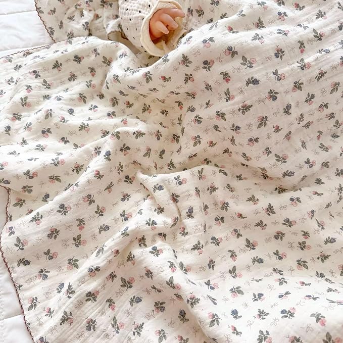 BuLuTu Muslin Cotton Baby Quilt 47x51 Inch, Bellflower Pattern Nursery Blanket for Crib/Toddler Bed, Cottage Floral Baby Blankets, Soft Lightweight Summer Toddler Nap Quilts