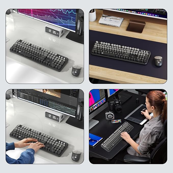 FOPETT Wireless Keyboard and Mouse Combo - Cute Colorful Mouse and Keyboard 2.4G Full-Sized with 104 Round Keys Retro Typewriter Keyboards for Laptop/Windows/PC - Grey Gradient