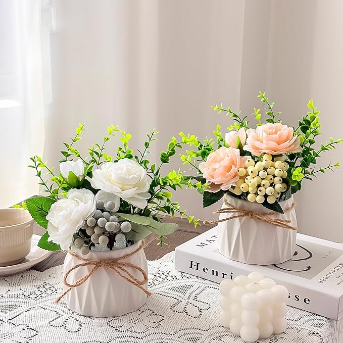 Faux Flowers with Vase, 2pcs Small White Artificial Flowers Arrangement, Potted Plants,Decoration for Bathroom Home Party Office Desk Wedding,Coffee Table Decor (White/Champagne)
