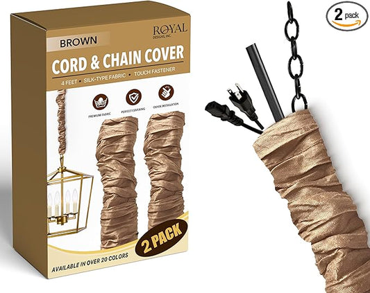Royal Designs, Inc. Cord & Chain Cover 4 ft Silk Type Fabric, Chandelier Pendant Lighting Chain & Cable Management, Touch Fastener, Brown - 2 Pack