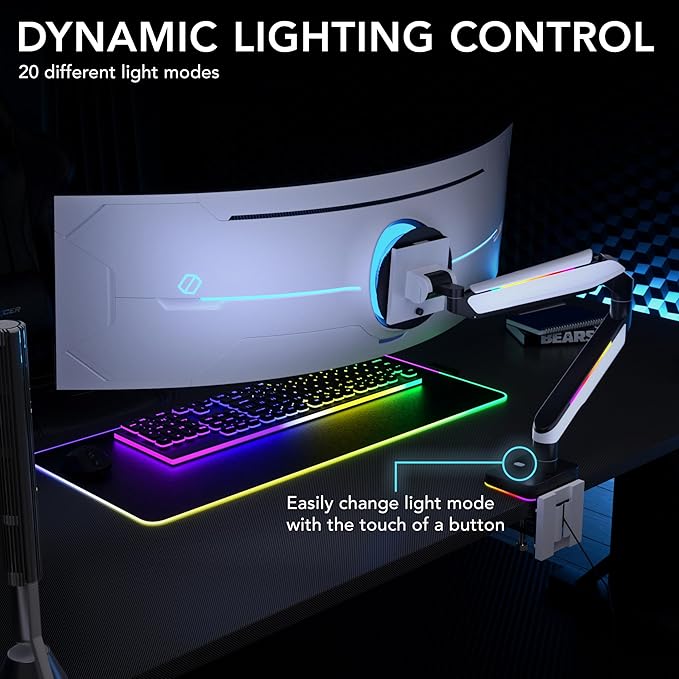 Mount-It! Heavy-Duty Ultrawide Monitor Arm up to 49" / 44 lb for Samsung Odyssey G9, 75x75 and 100x100 VESA Desk Mount for Widescreen Curved Monitors, Gas Spring, RGB Lights, Clamp and Grommet