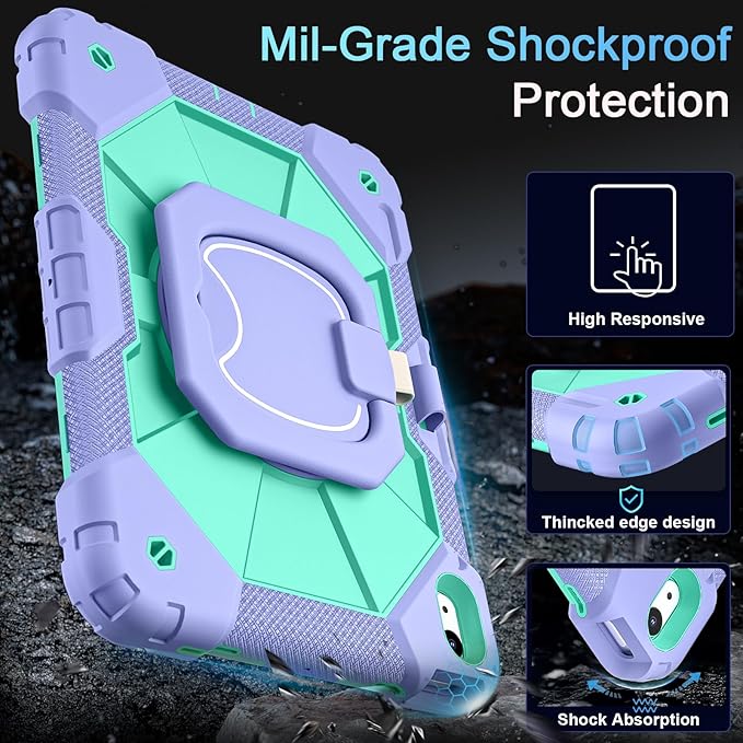 Case for iPad (A16) 11th/10th Generation 2025/2022,Kids Friendly iPad Case 10th Generation with Rotating Stand Screen Protector,Shockproof Cover for i Pad 11.0/10.9 Inch C ase,Purple Green