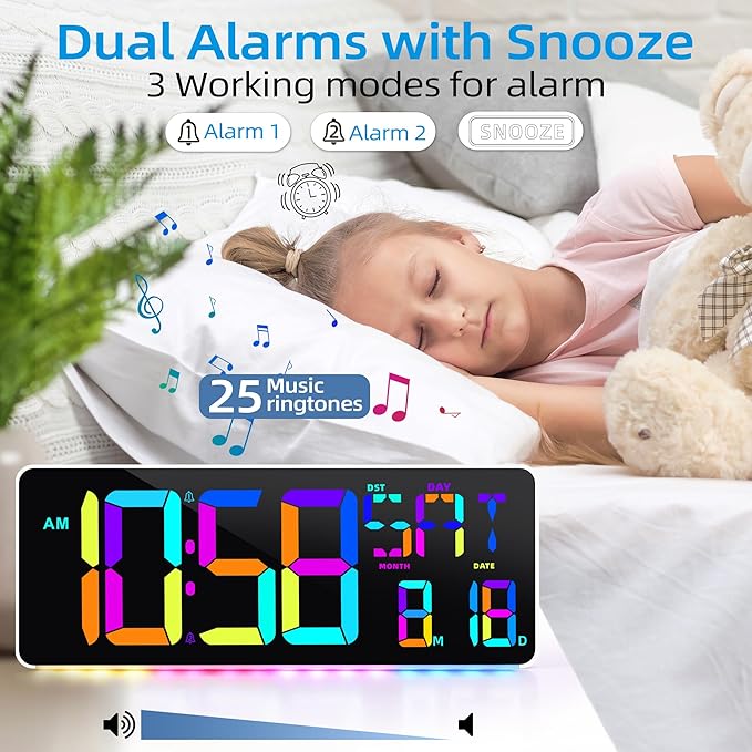 CYMHCHL Large Digital Wall Clock Large Display 11 Colors Available with Colorful Night Light Temperature Date Week DST Auto-Dimming Big LED Clock Count Up & Down Timer for Home Gym Office School